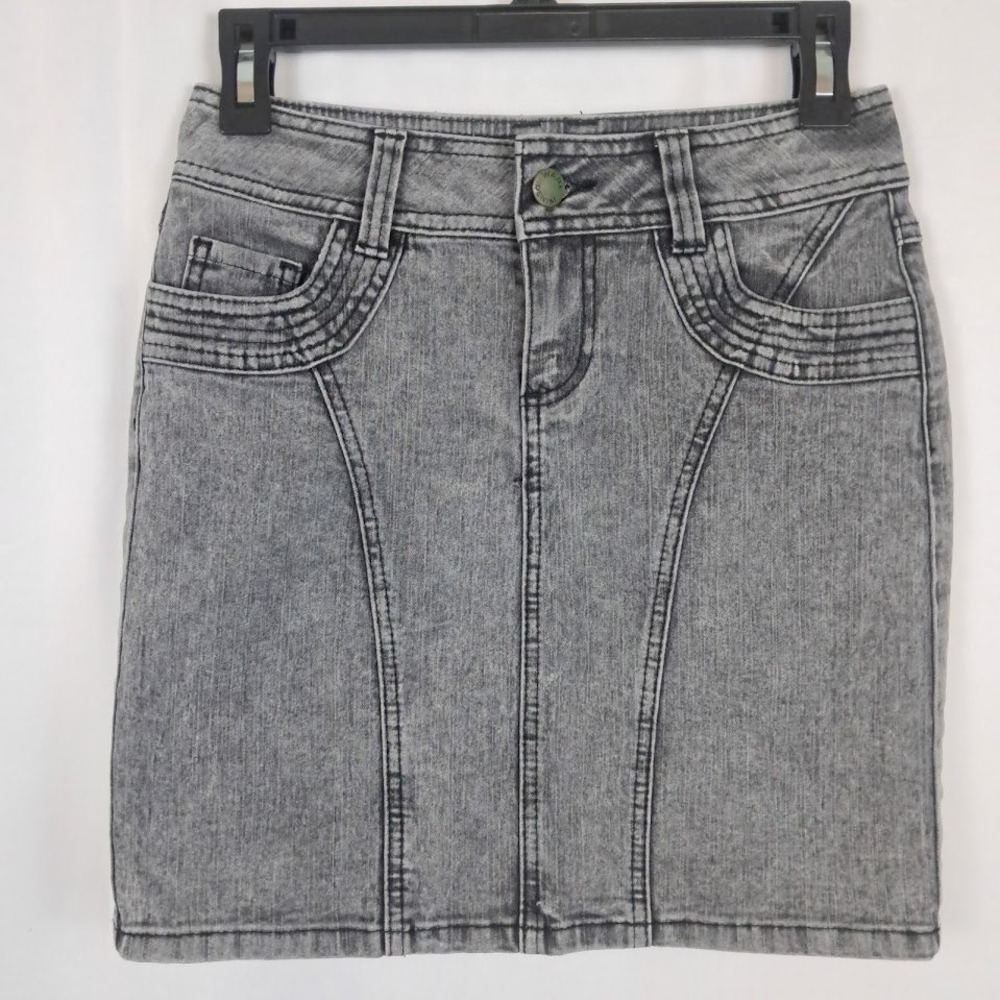 Warehouse Y2K UK 6/ US 4 Denim Mini Skirt Gray‎ Wash Fitted Stretch Casual